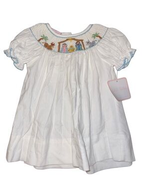 Petit Bébé White Smocked Baby Dress with Pink Label